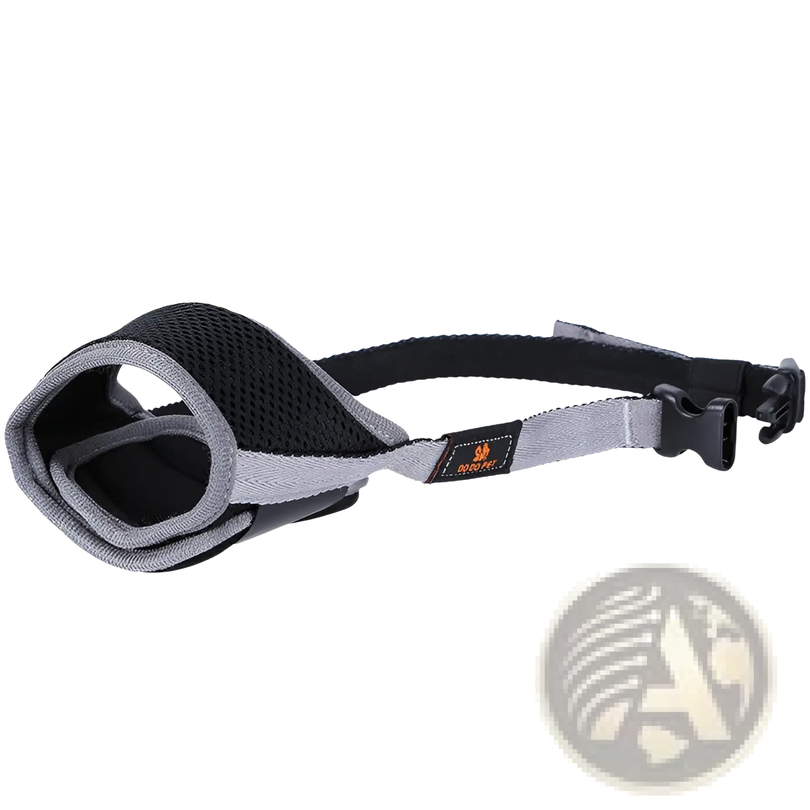 Black and gray mesh dog muzzle with adjustable strap and buckle designed for large dogs