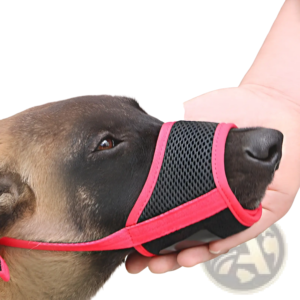 Mesh dog muzzle for large dogs in pink and black mesh with adjustable straps for secure fit and comfort