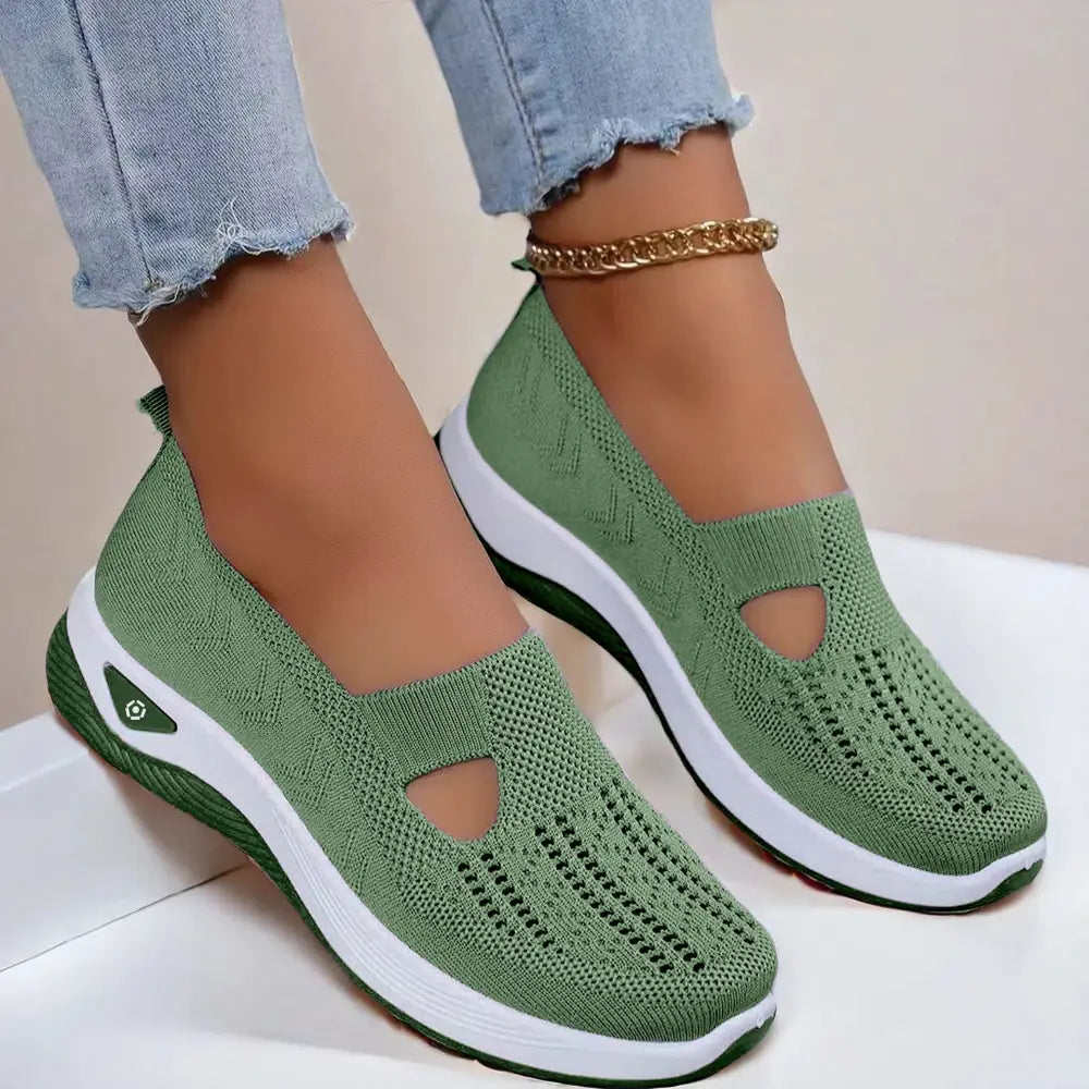 Green women’s breathable mesh slip on casual flats with t-strap design and white dark green sole