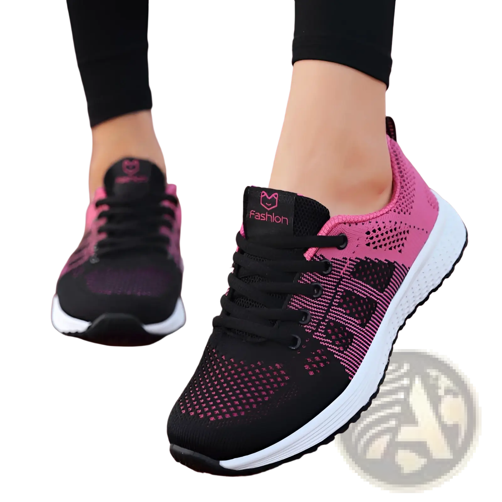 Mesh fly woven sneakers in black and pink knit with white rubber sole and breathable athletic design featuring fashion on the tongue
