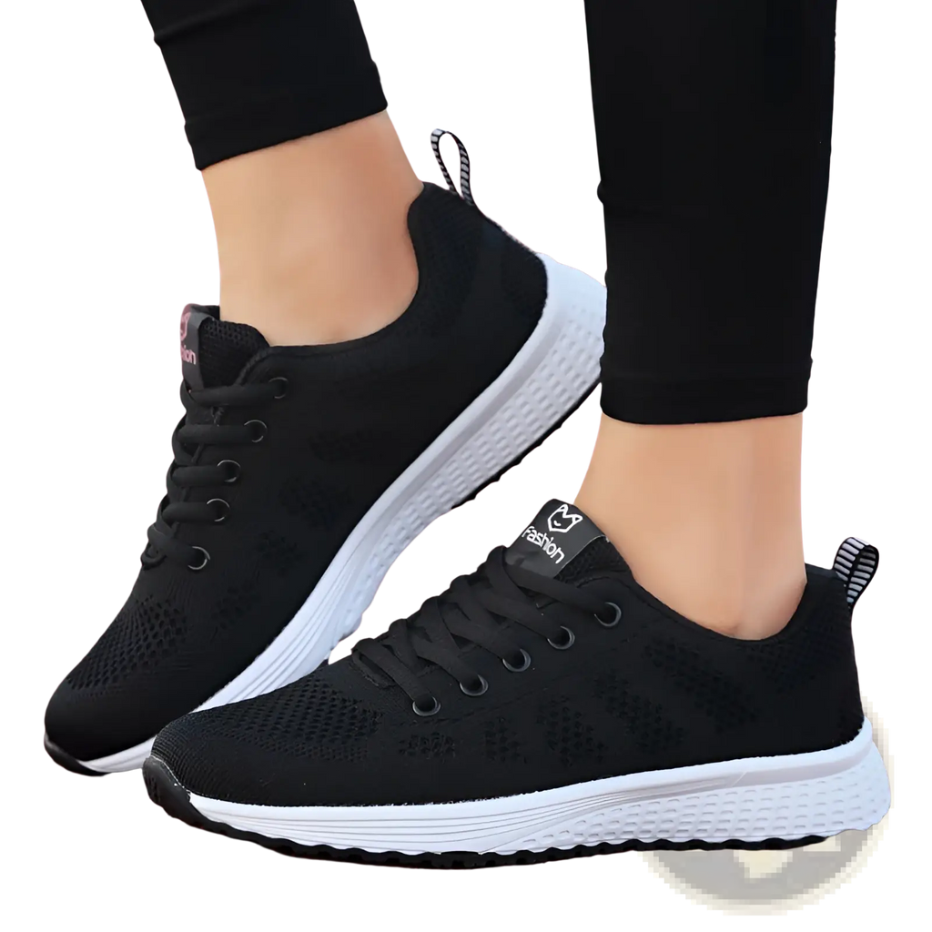 Black mesh fly woven sneakers with white soles and laces breathable athletic shoes with sleek design and subtle branding