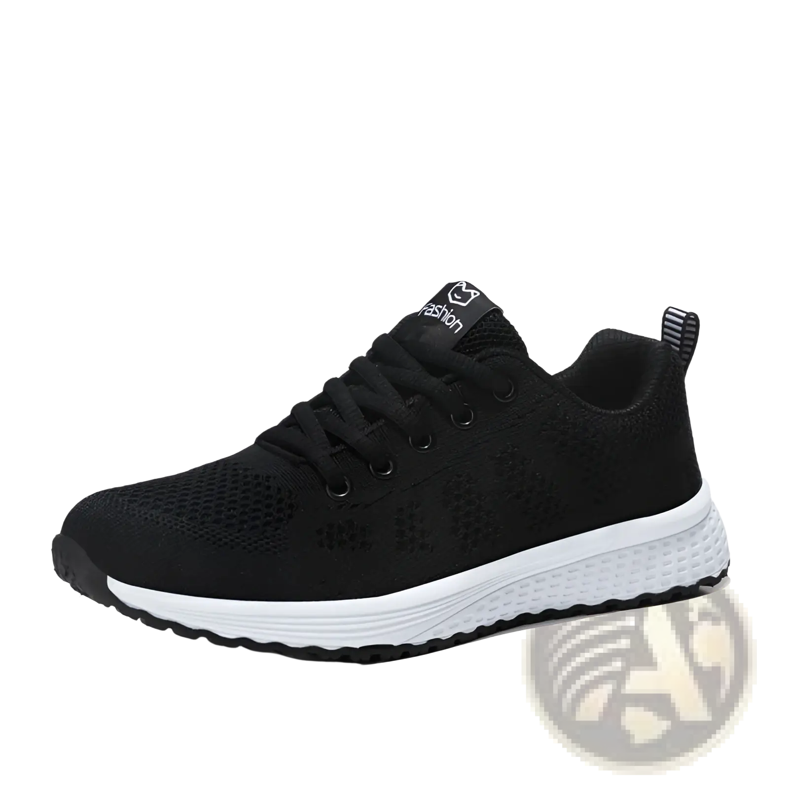 Black mesh fly woven sneaker with breathable design white rubber sole and black laces for athletic use