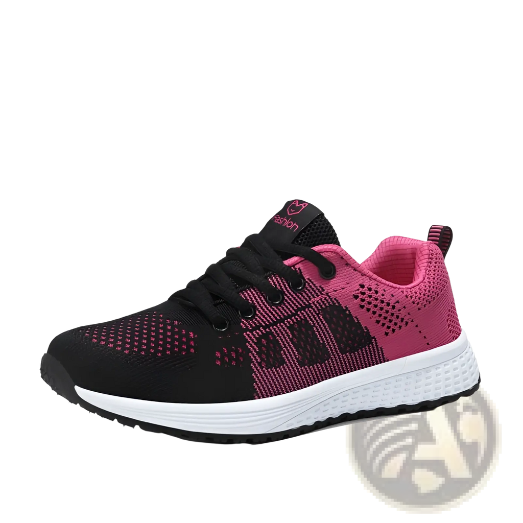Black and pink mesh fly woven sneakers with breathable knit upper and white midsole designed for athletic use