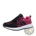 Black and pink mesh fly woven sneakers with breathable knit upper and white midsole designed for athletic use