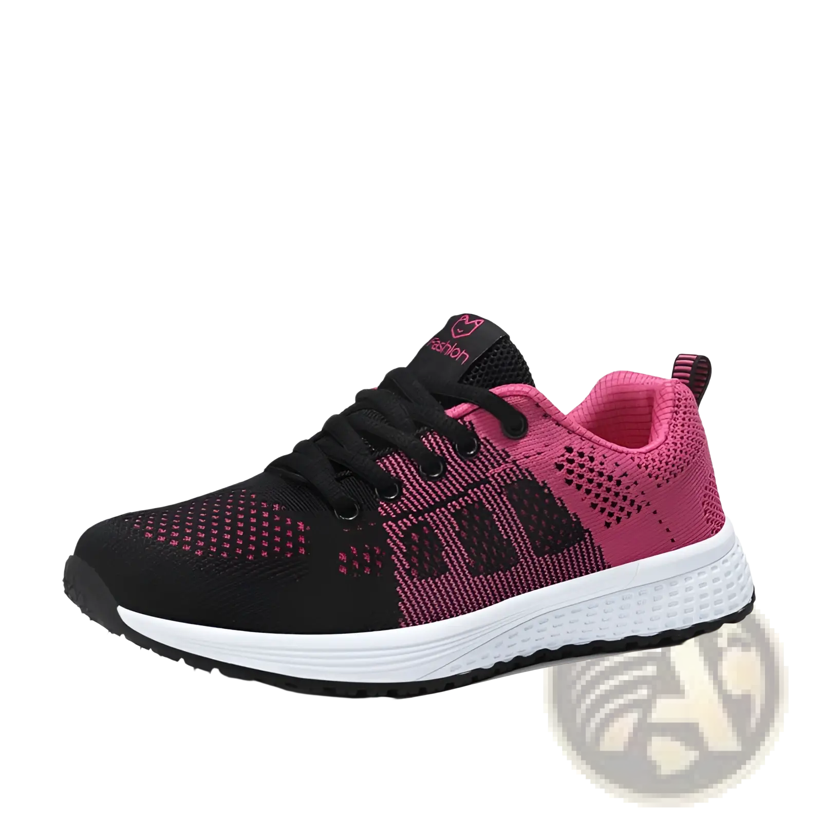 Black and pink mesh fly woven sneakers with breathable knit upper and white midsole designed for athletic use