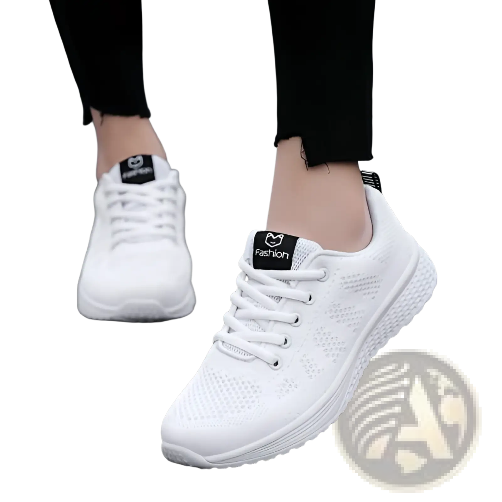 White mesh athletic sneakers with a black logo patch on the tongue breathable fly woven shoes