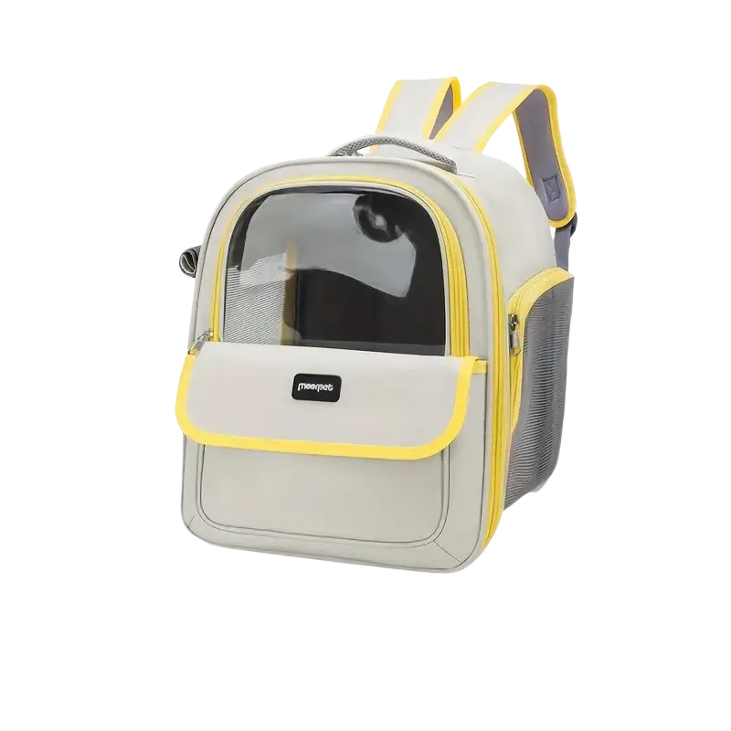 Beige and yellow kemorela pet carrier backpack with transparent front panel gray mesh side panels and adjustable straps