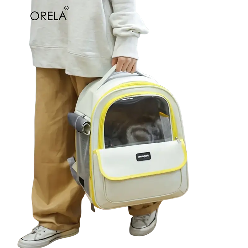 Cream-colored kemorela pet carrier backpack with yellow trim and clear front panel for mesh foldable pet carrier gray
