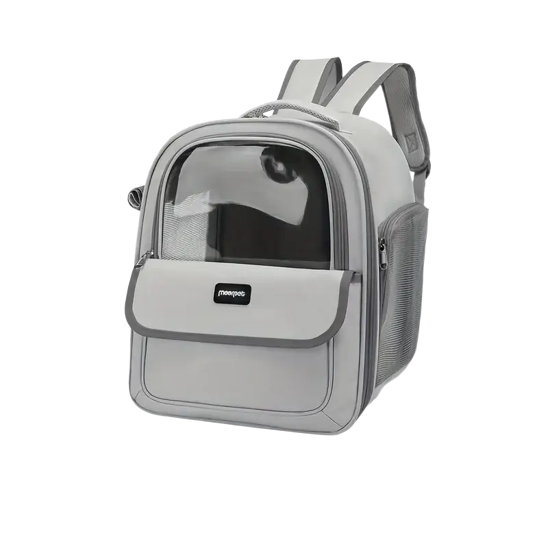 Mesh foldable pet carrier backpack gray with transparent front panel and mesh side pockets for easy ventilation