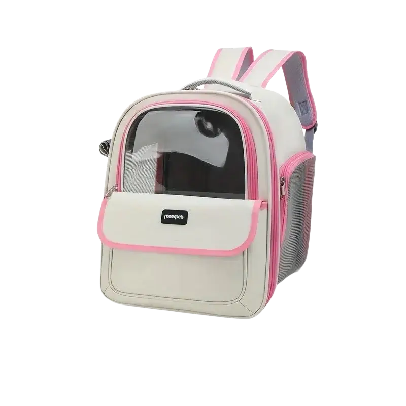 A pink and beige kemorela pet carrier backpack with a transparent front panel mesh side pockets and adjustable straps