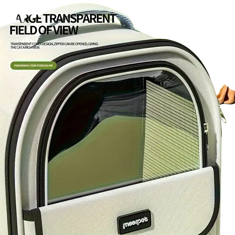 Mesh foldable pet carrier backpack gray with white and black meepeta design and transparent panoramic window
