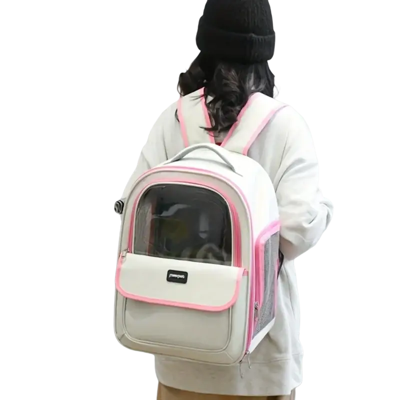 White and pink pet carrier backpack with mesh foldable design and transparent front panel for easy pet viewing