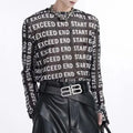 Black sheer mesh long sleeve men shirt with bold white exceed end start text print across the fabric