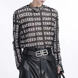 Black sheer mesh long sleeve men shirt with bold white exceed end start text print across the fabric
