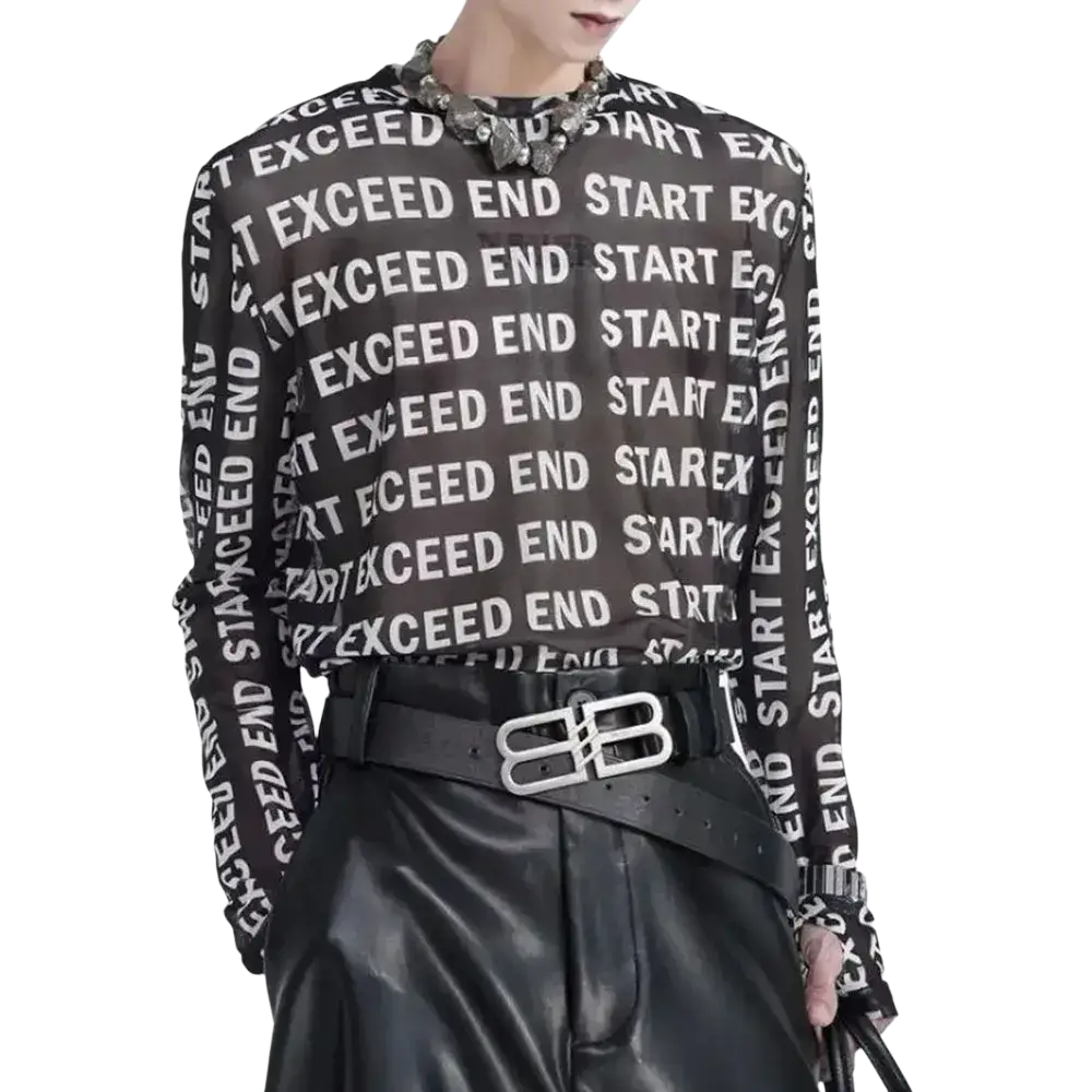 Black mesh letter print long sleeve men shirt featuring a repeating white exceed end start text pattern