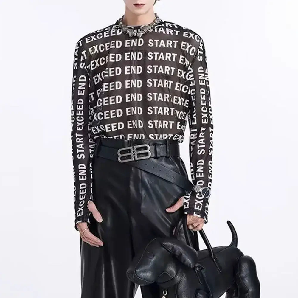 Black long sleeve men shirt with repeating start exceed end text mesh letter print for casual wear