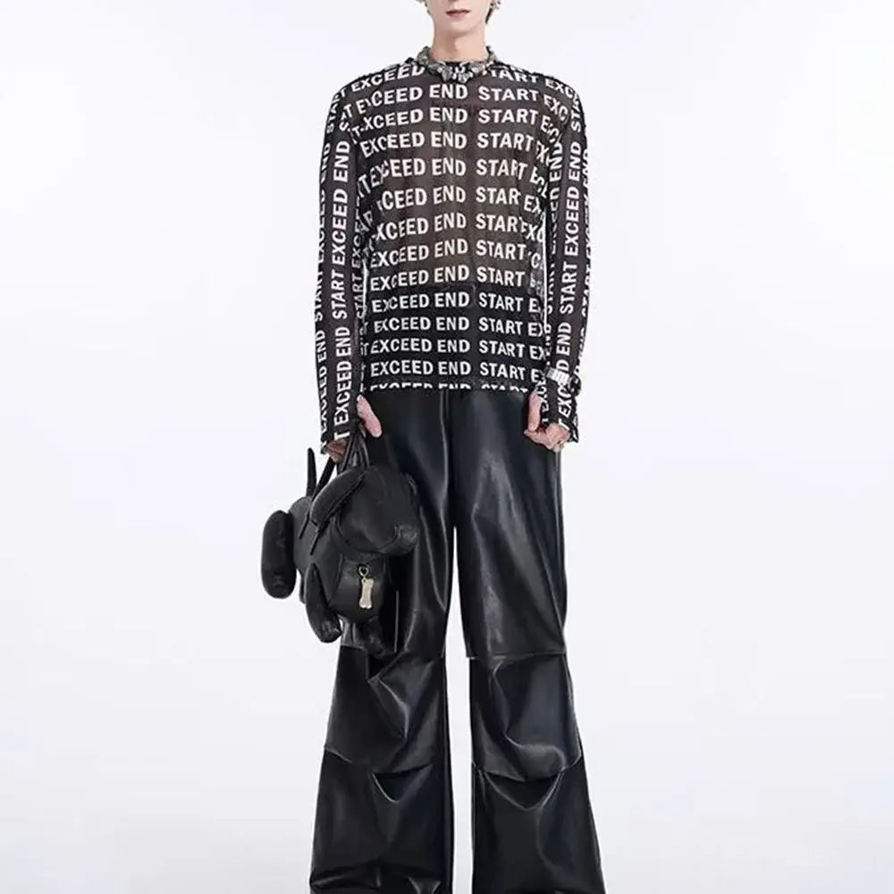 Black mesh long sleeve men shirt with white exceed end start text pattern on a repeating design