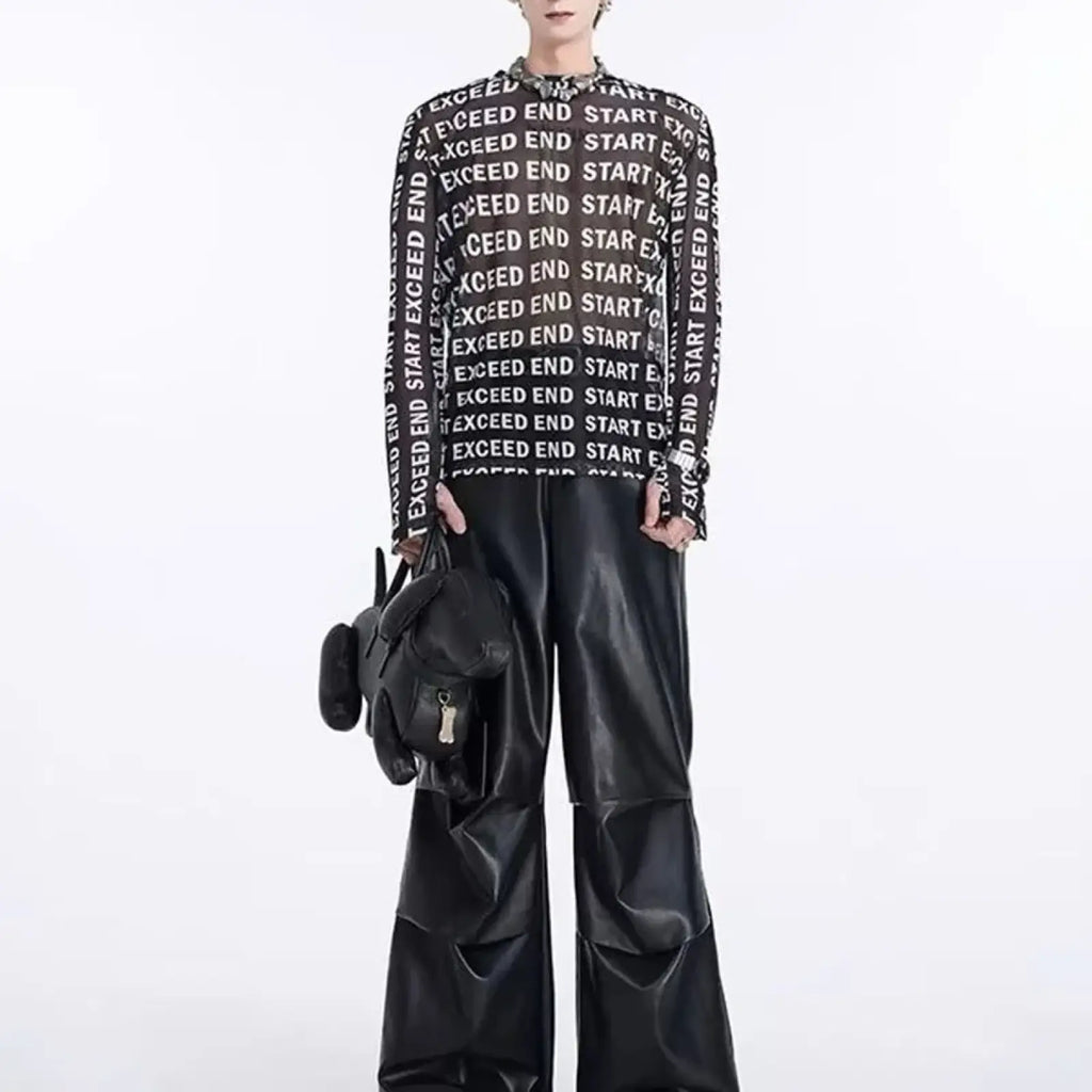 Black mesh long sleeve men shirt with white exceed end start text pattern on a repeating design