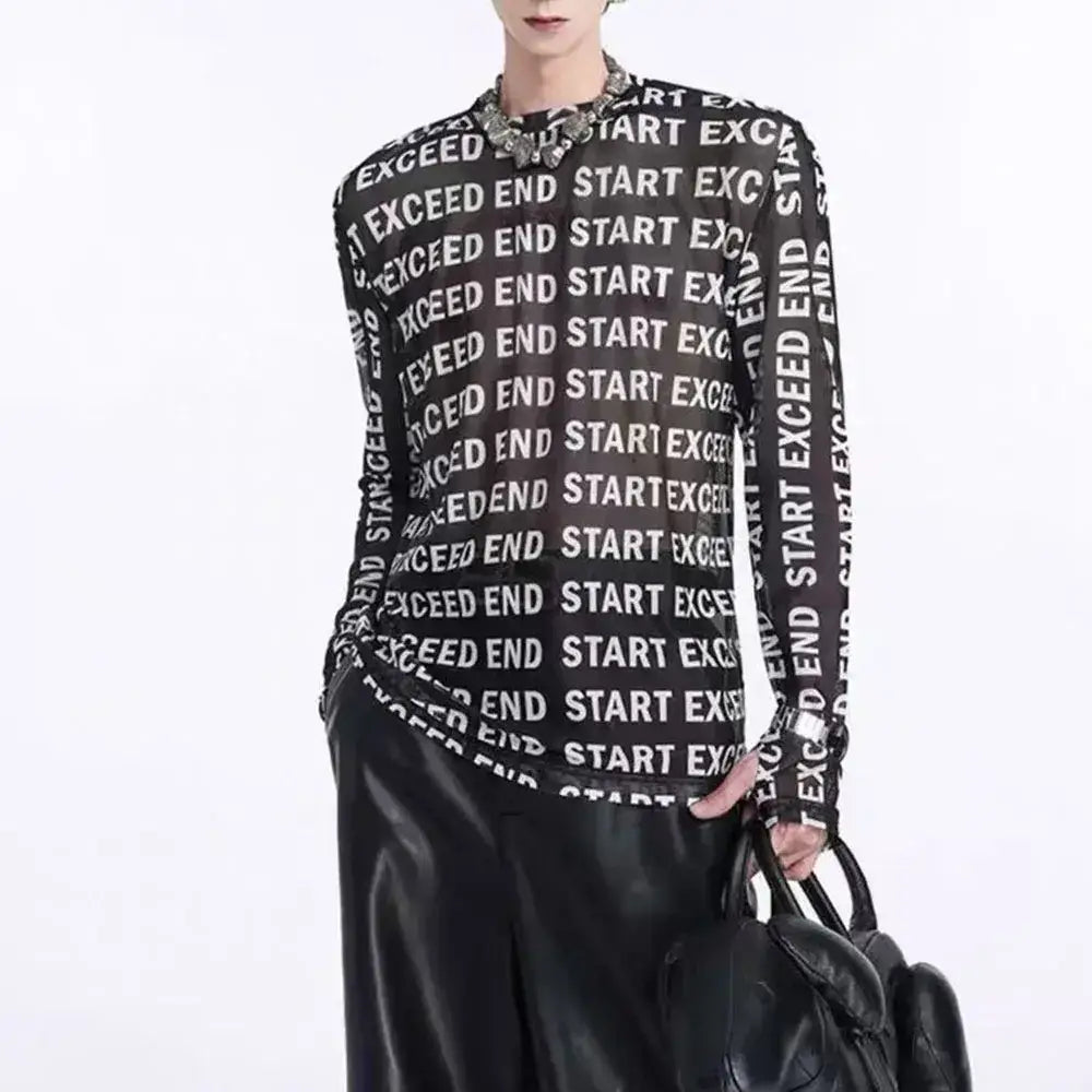 Black long sleeve men shirt with repeating white exceed end start text pattern in mesh letter print design