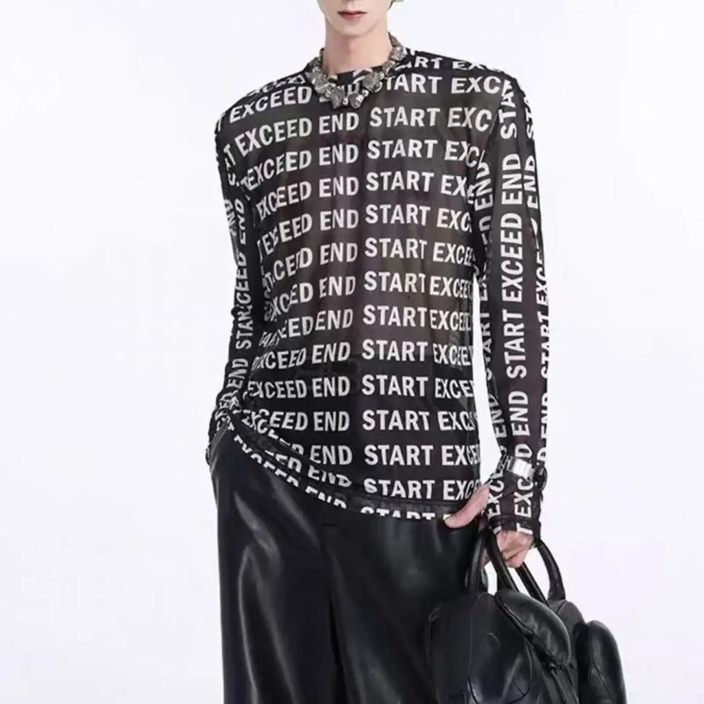 Black mesh long sleeve men shirt featuring a repeating white exceed end start text pattern on the front side