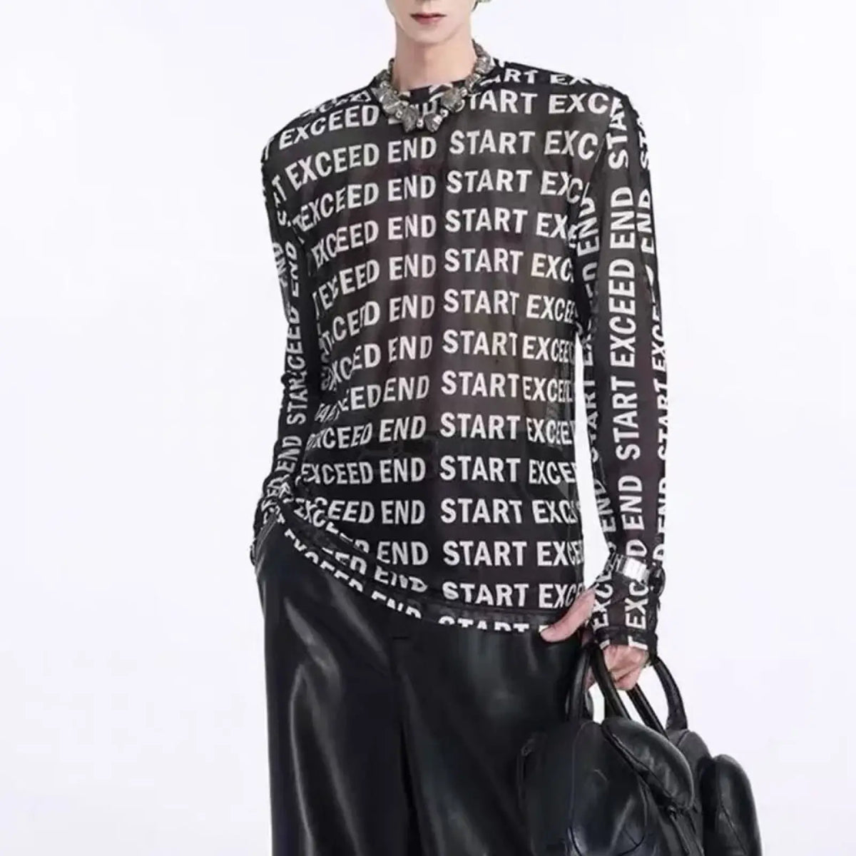 Black mesh long sleeve men shirt featuring a repeating white exceed end start text pattern on the front side