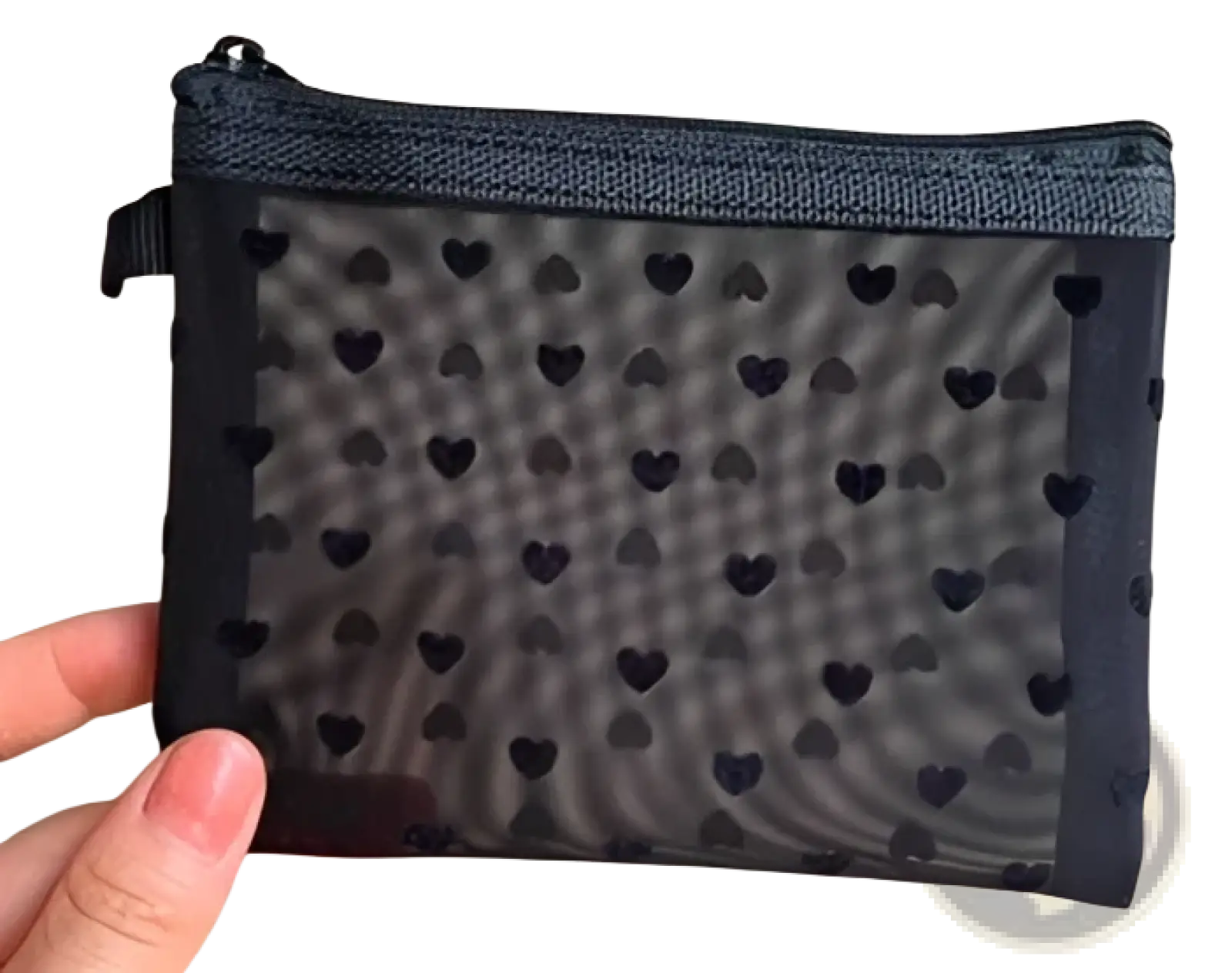 Black mesh makeup bag with heart polka dot pattern and zipper closure for cosmetic storage