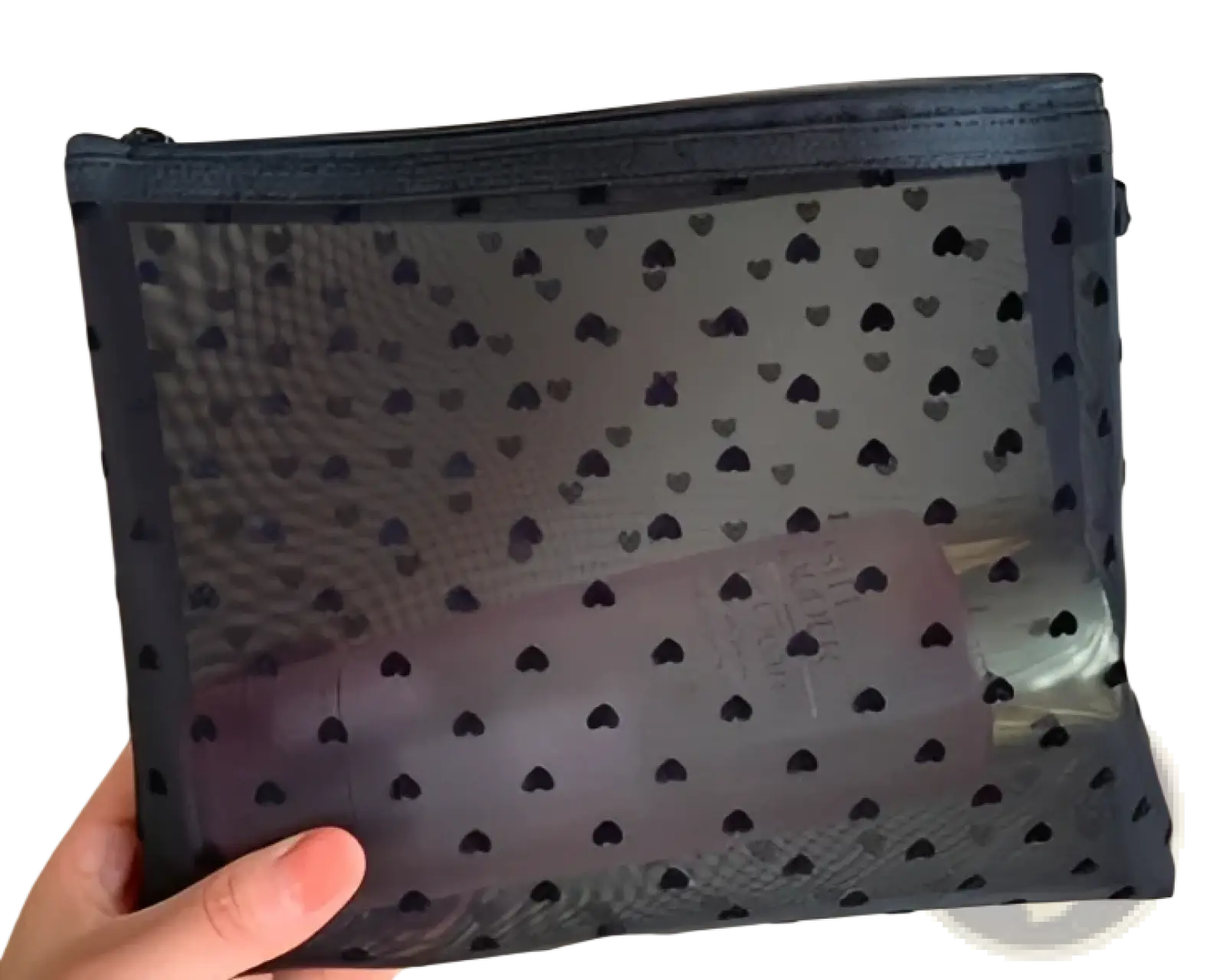 Dark gray mesh makeup bag with black heart polka dot pattern and matching zipper for cosmetic storage