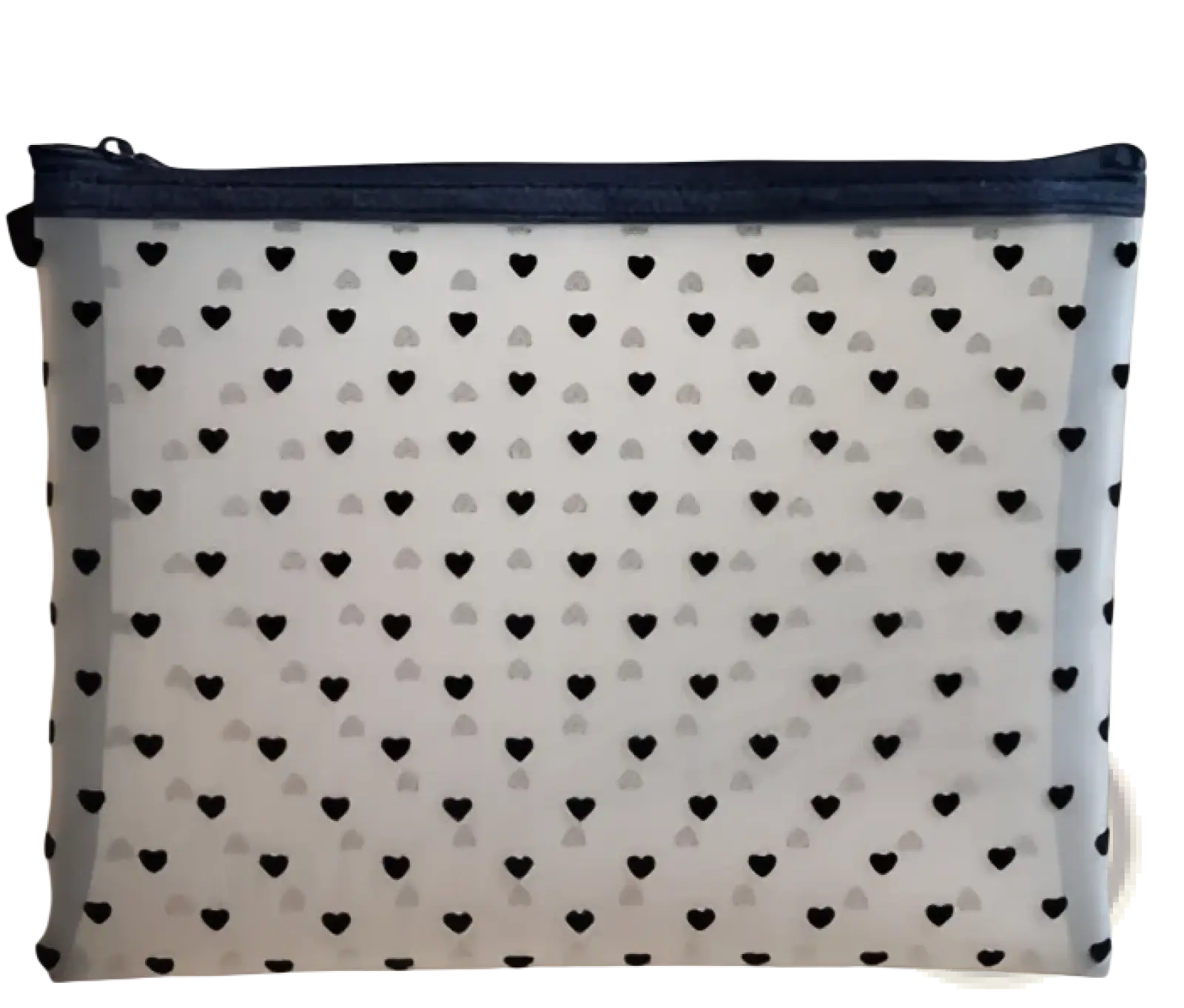 Clear plastic pencil case with black heart pattern and navy blue zipper suitable as a mesh makeup bag