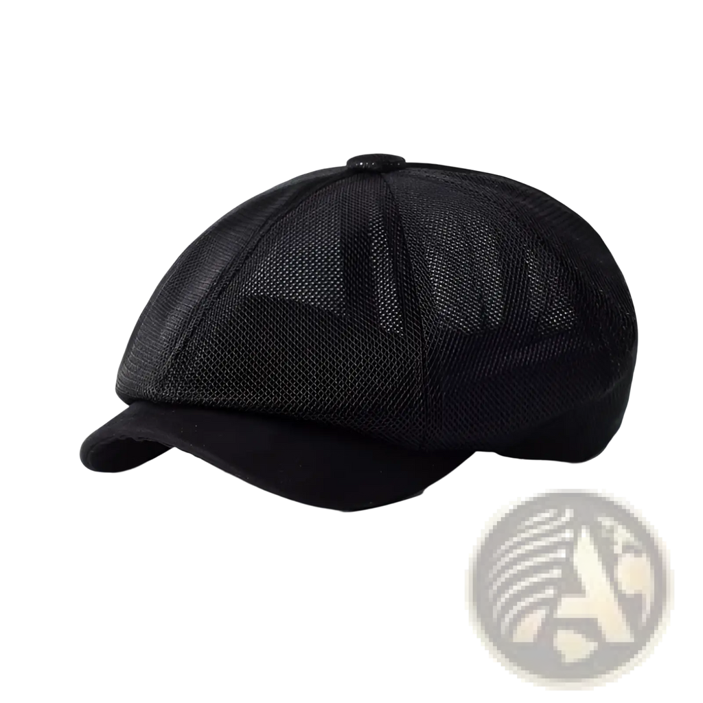 Black mesh newsboy cap with solid brim and button top breathable flat cap for summer men and women