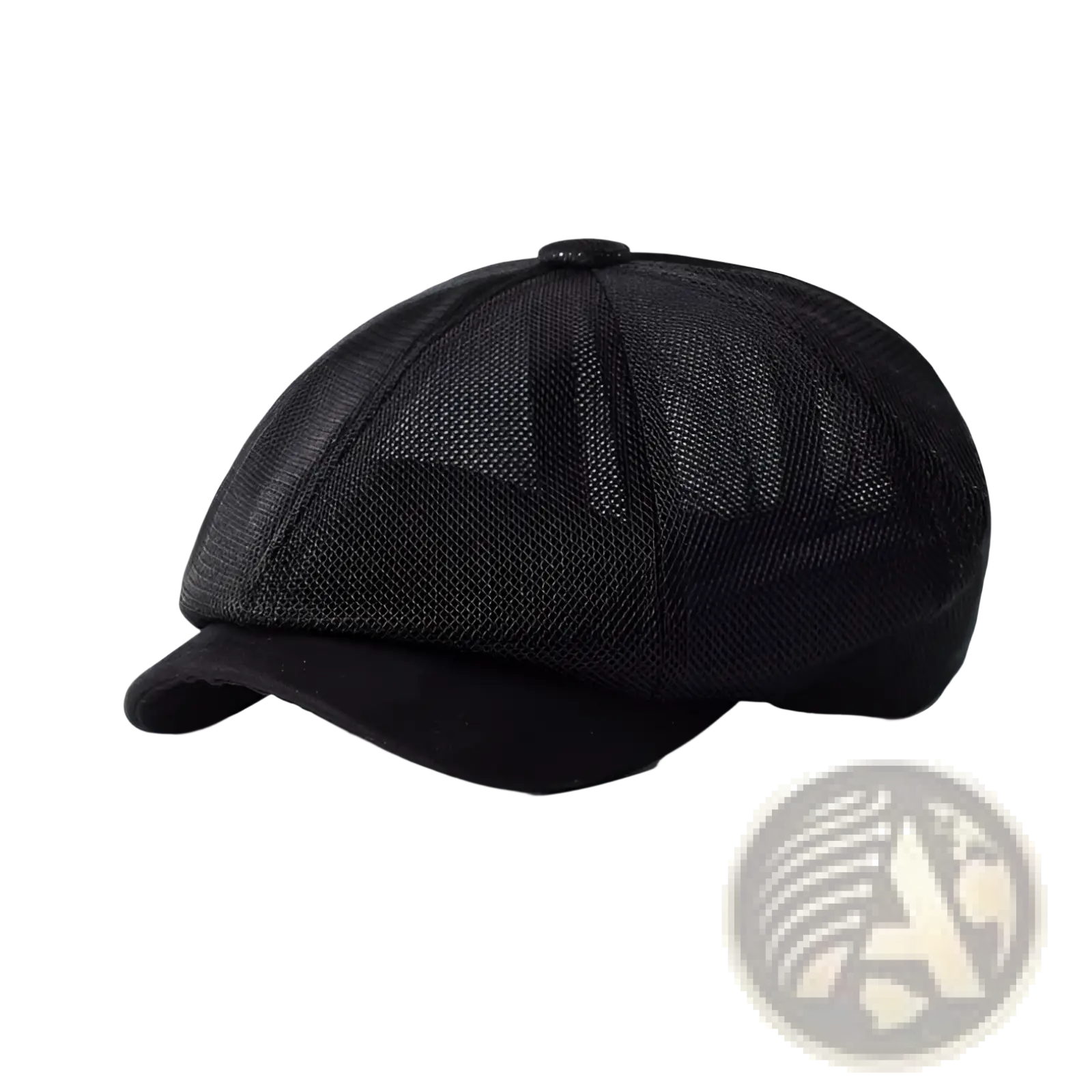 Black mesh newsboy cap with solid brim and button top breathable flat cap for summer men and women
