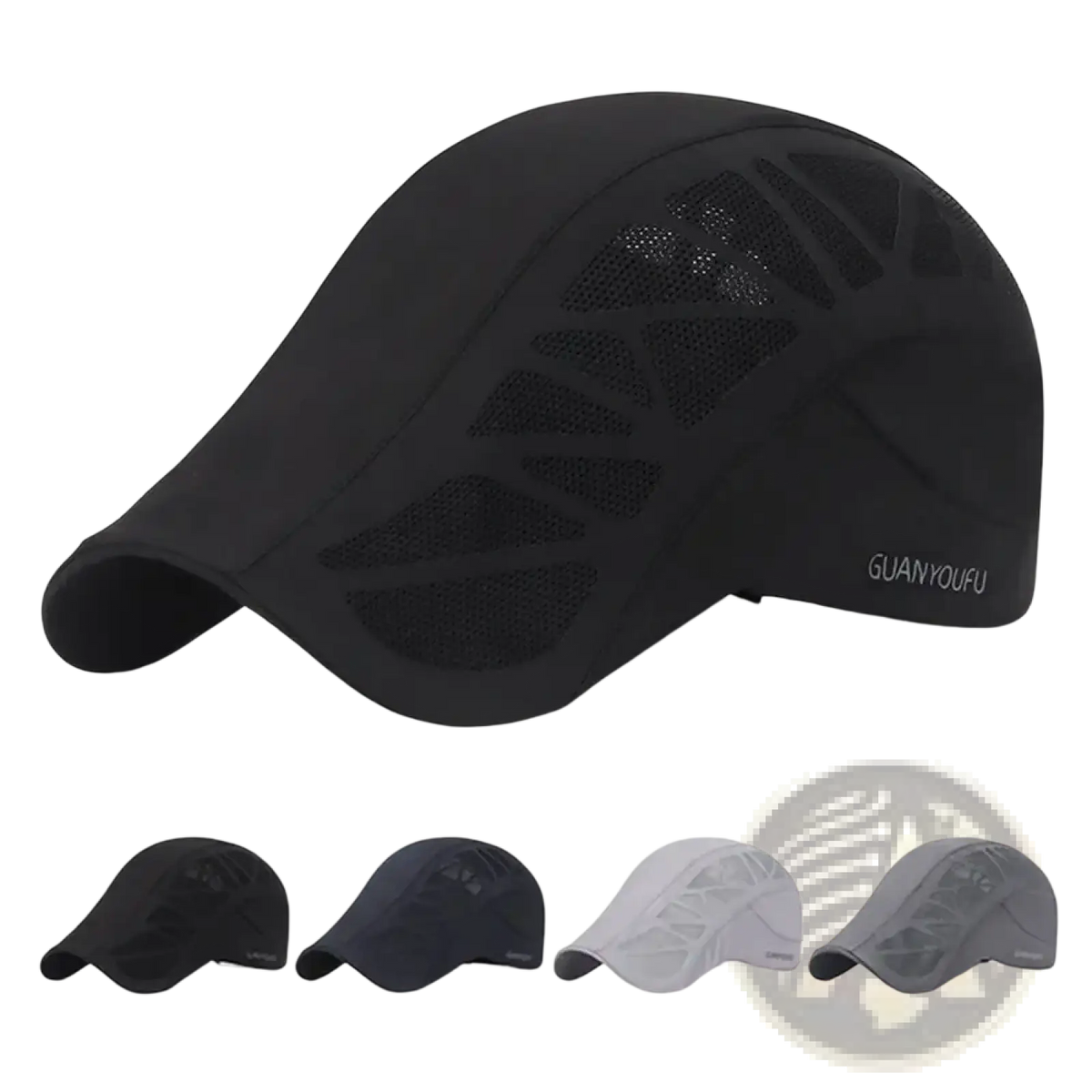Black mesh baseball cap with curved brim and geometric ventilation pattern featuring guanyoufu embroidery