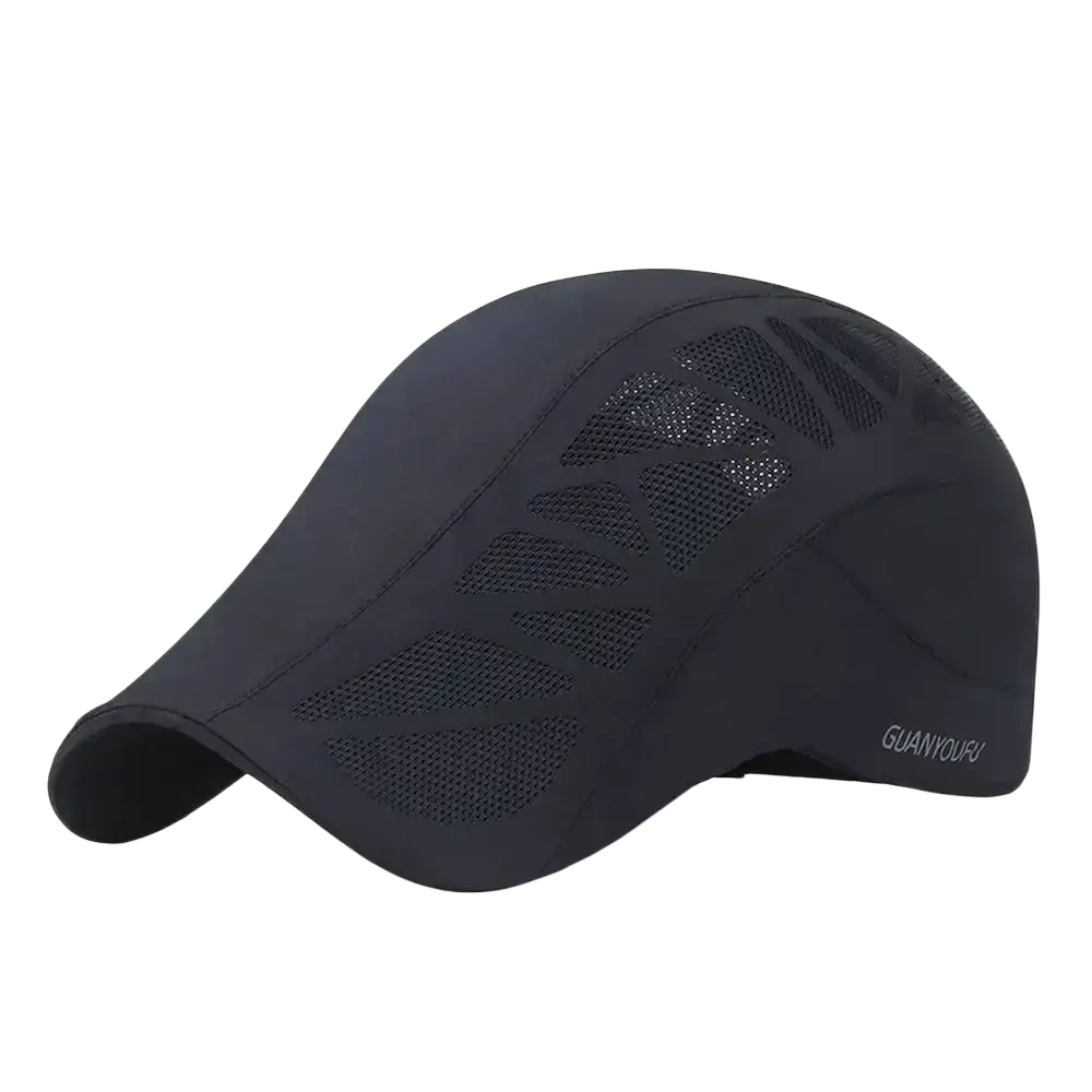 Black mesh newsboy golf cap with breathable panels and subtle guanyouru logo ideal for summer driving