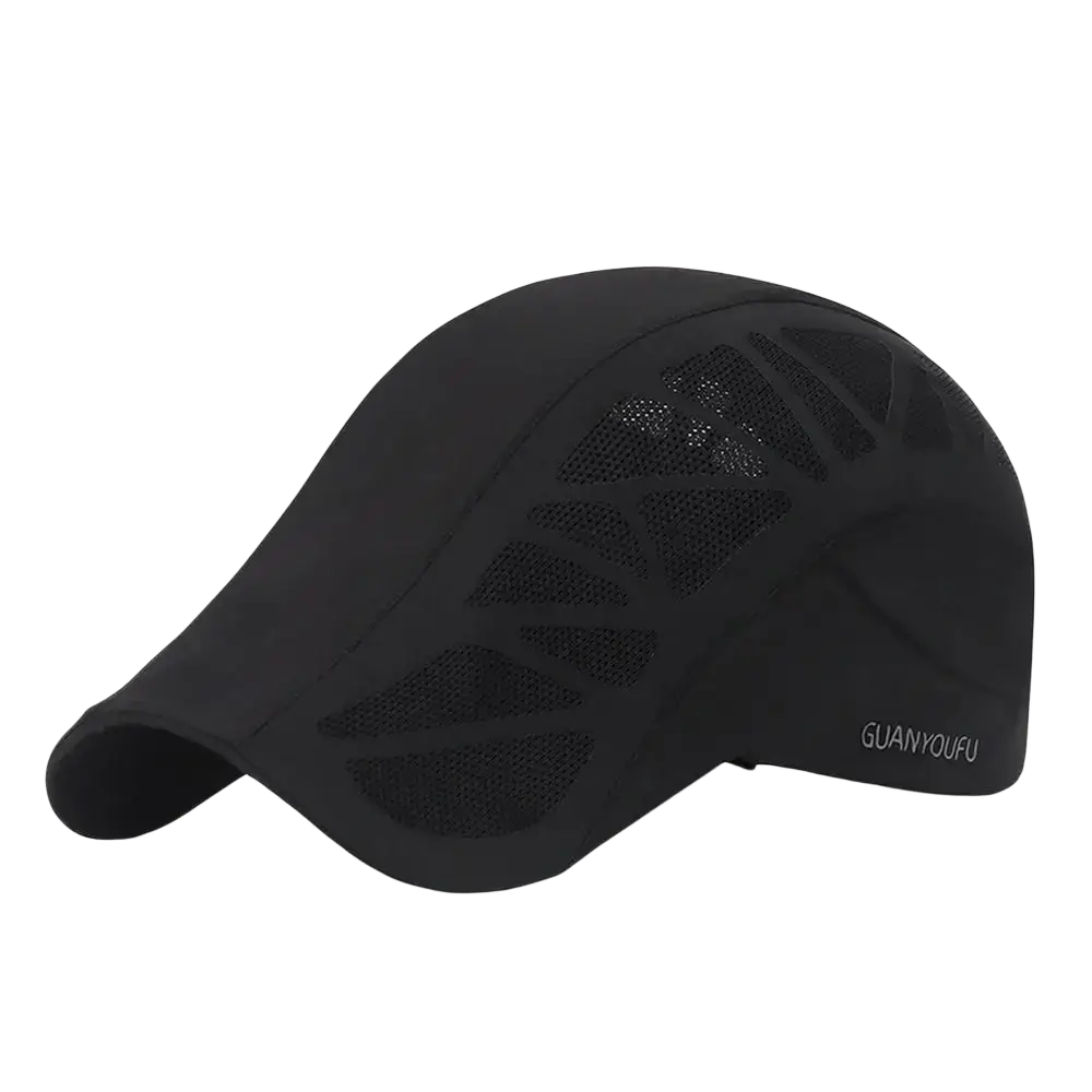 Black mesh-paneled baseball cap with sleek curved brim and subtle logo, breathable for summer driving and golf use