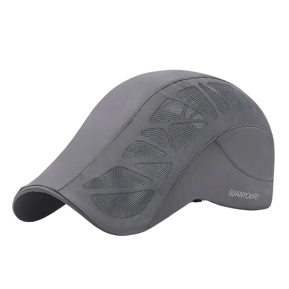 Gray mesh newsboy golf cap with breathable mesh panels and stitched detailing for summer driving comfort