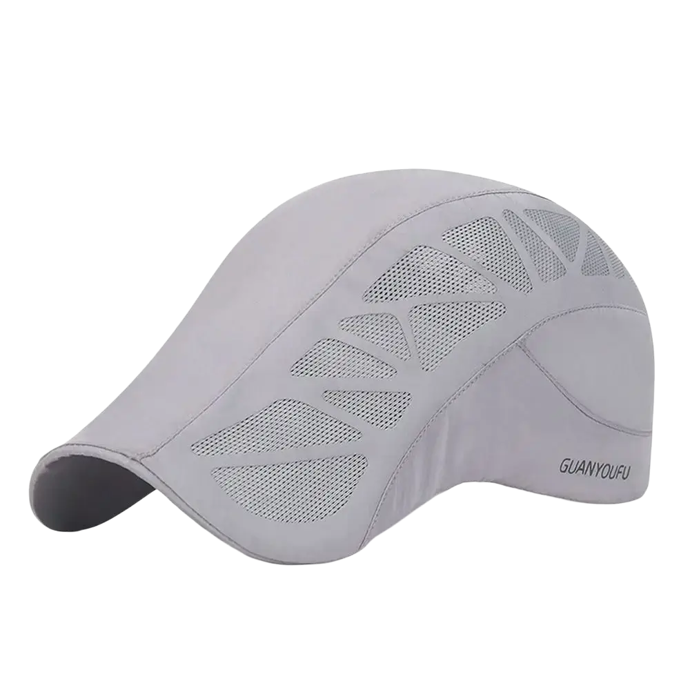 Light gray breathable mesh newsboy golf cap with subtle side branding ideal for summer driving and outdoor use