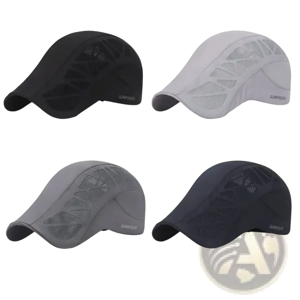 Mesh newsboy golf cap breathable summer driving hat with mesh panels available in black light grey dark grey and navy blue