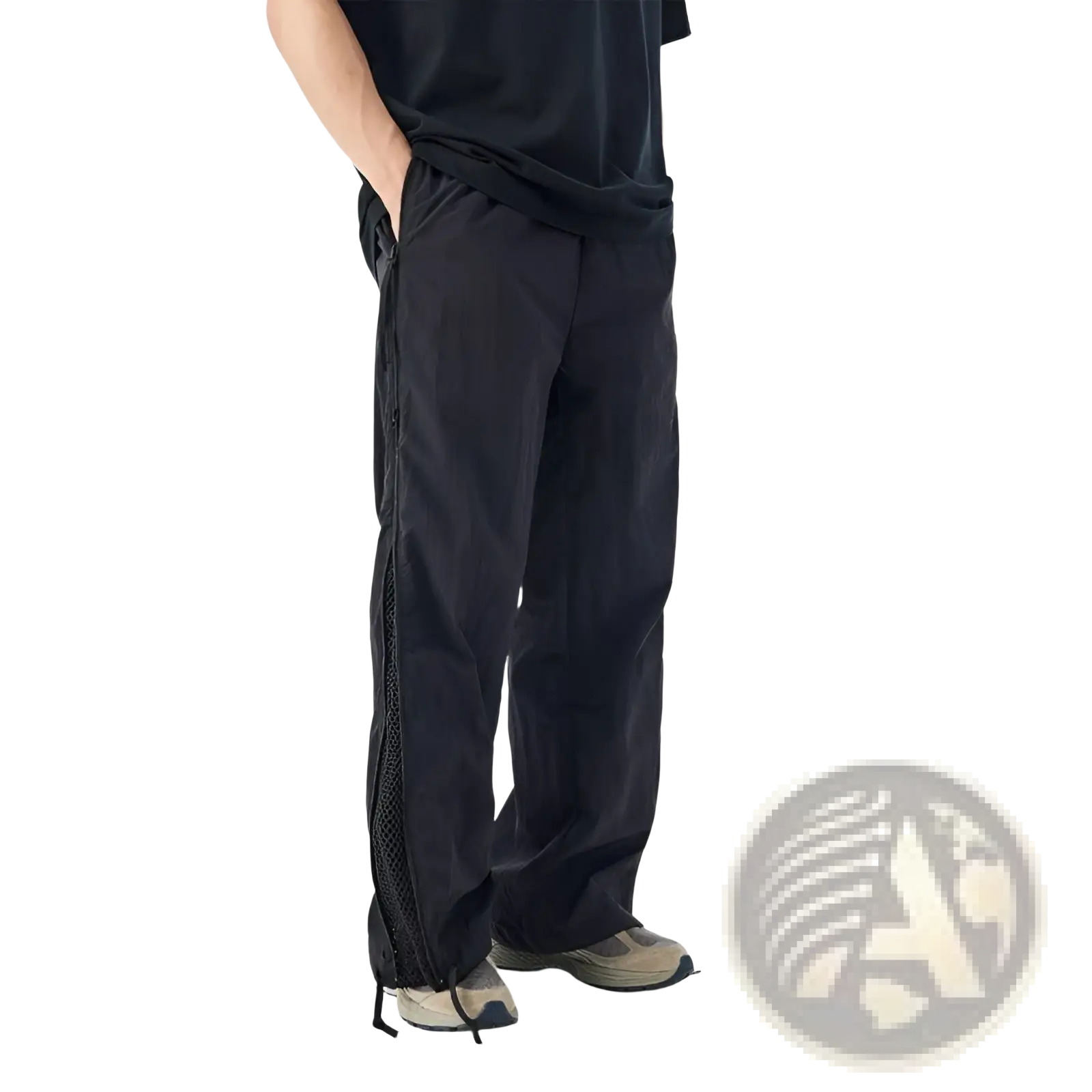 Black utility hiking pants with mesh side panel and drawstring hem designed for outdoor use