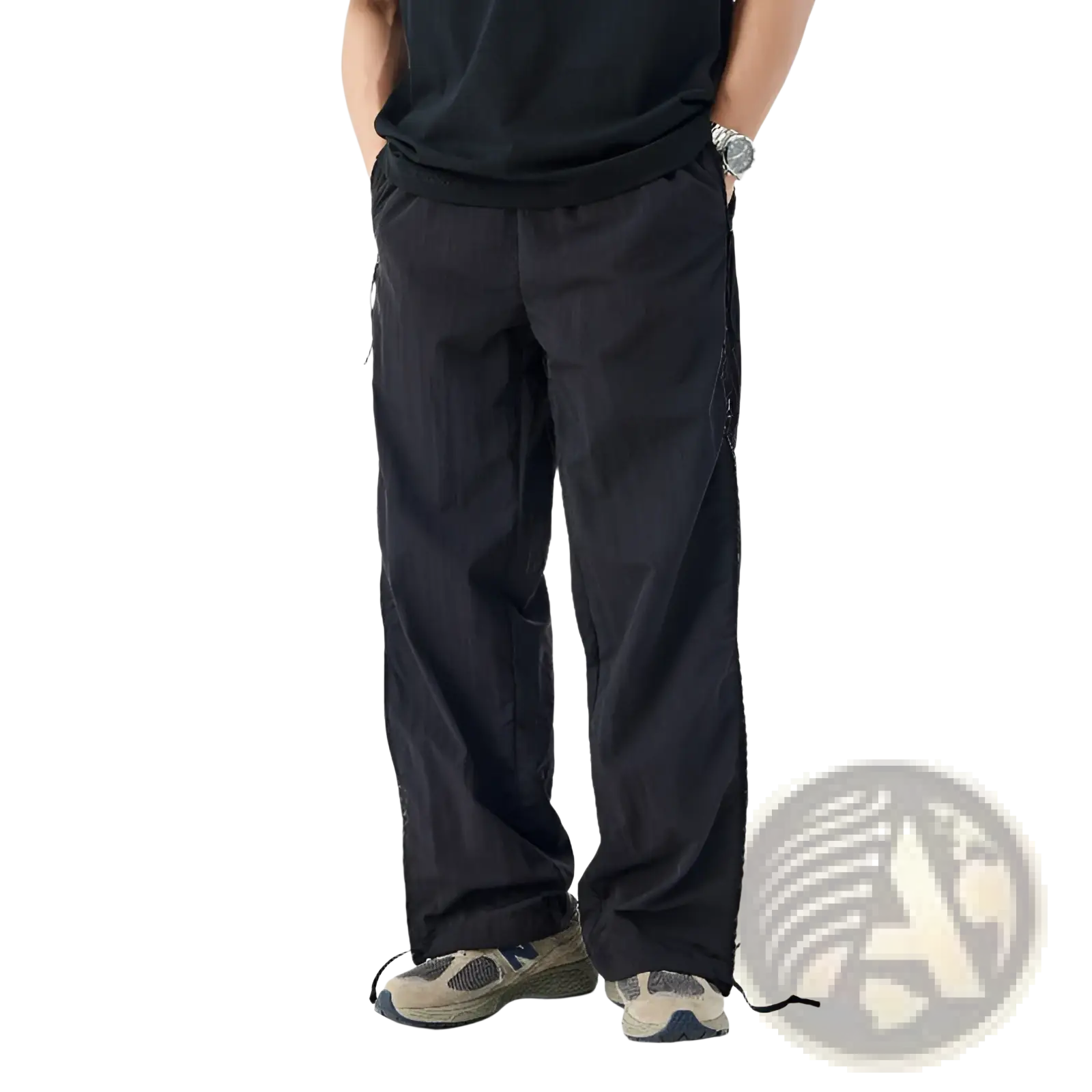 Black wide-leg mesh side panel utility hiking pants with cargo pockets side zippers and ankle drawstrings