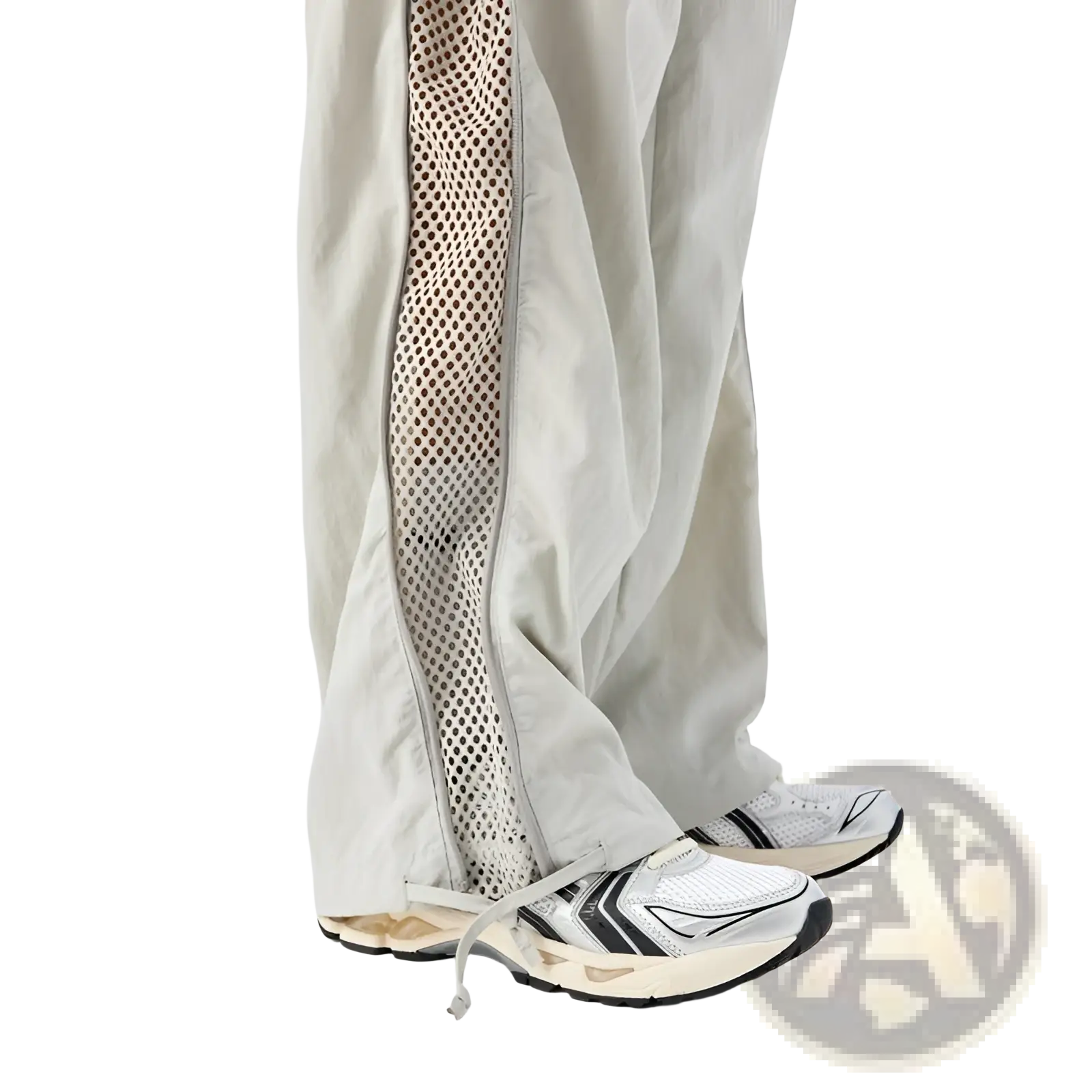 Light gray wide-leg mesh side panel utility hiking pants with zipper detail for enhanced ventilation and style