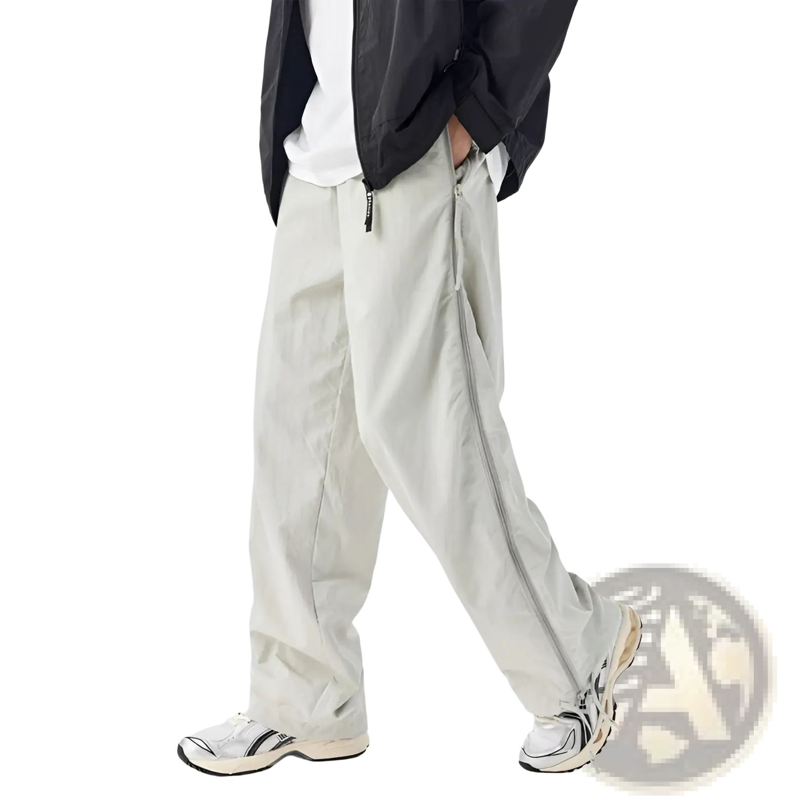 Light gray mesh side panel utility hiking pants with wide legs and silver zippers down the outer sides