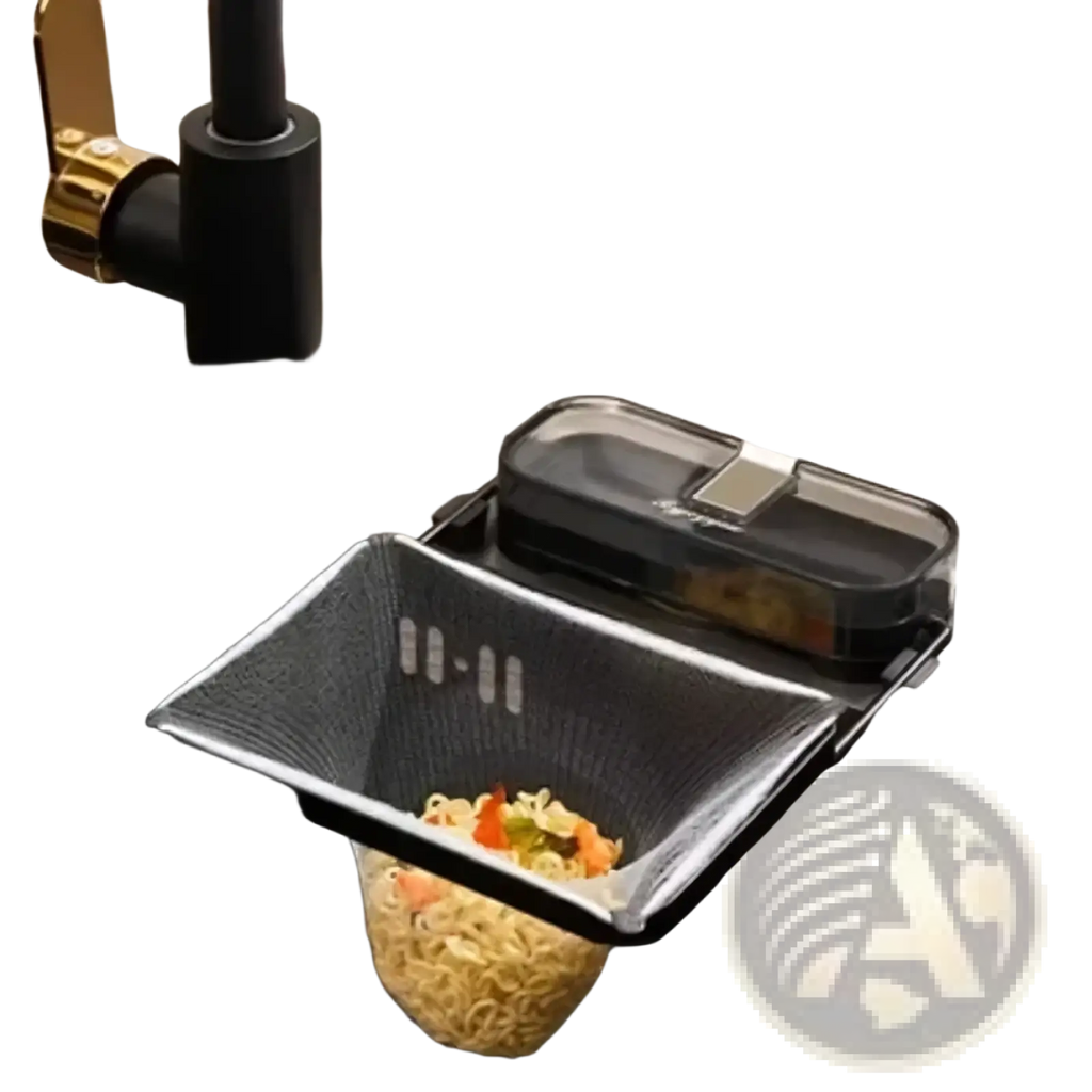 Black metal mesh sink strainer bag kitchen waste catcher with square design hanging under sink for food particle collection