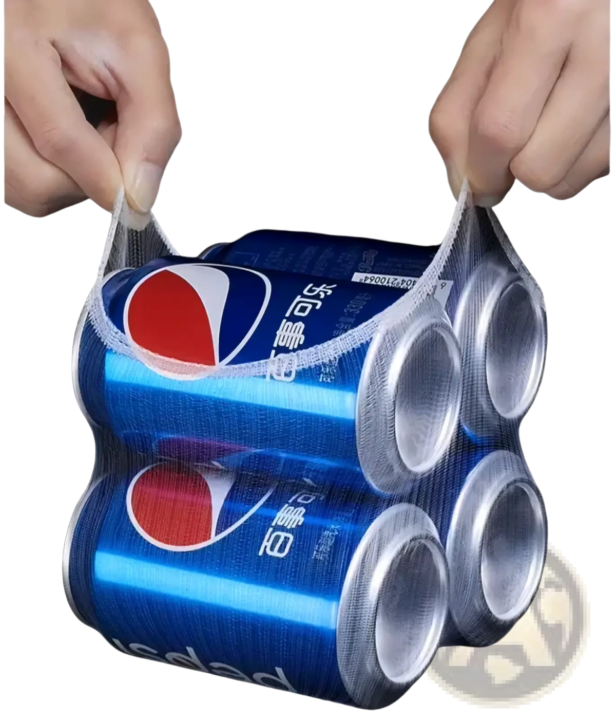Blue aluminum pepsi cans in a clear mesh carrier illustrating the mesh sink strainer bag kitchen waste catcher use