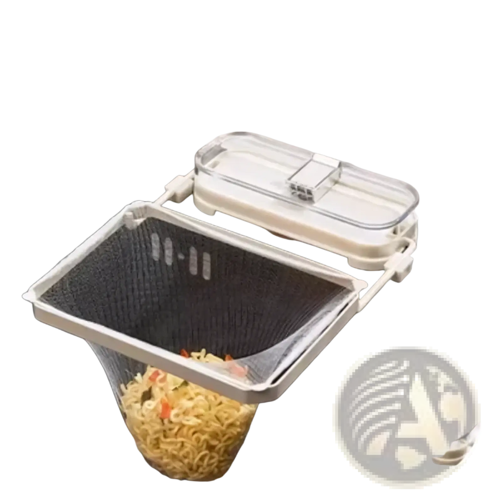 Clear plastic and white mesh sink strainer bag with hinged lid for easy removal of kitchen waste and food debris