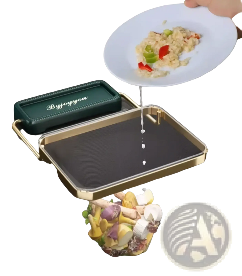 Gold-framed mesh sink strainer bag with dark green branded lid and mesh basket holding kitchen food scraps