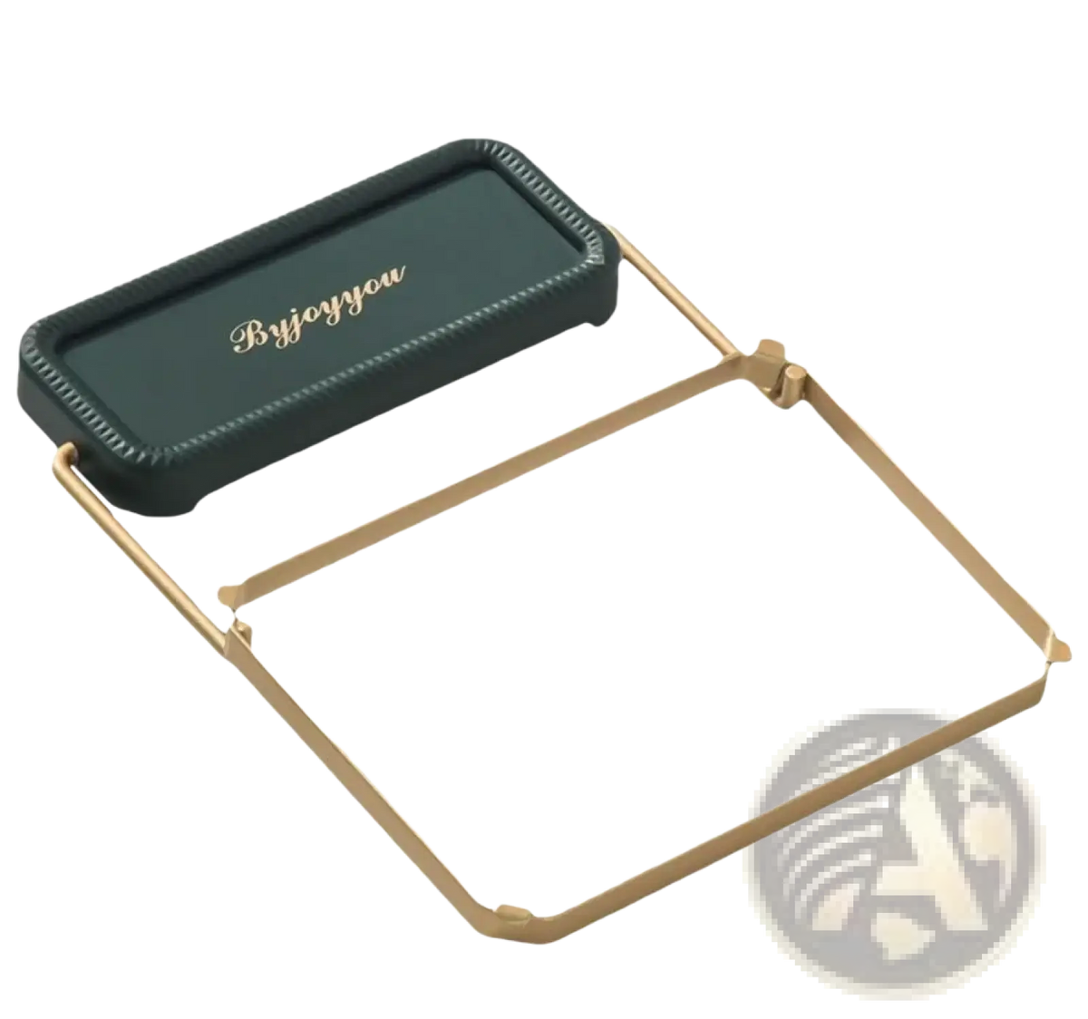 Dark green rectangular tray with gold lettering and textured edge on slender golden metal frame for kitchen waste catching