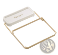 Gold-colored metal frame mesh sink strainer bag with white plastic top panel engraved by joy you for kitchen waste catcher