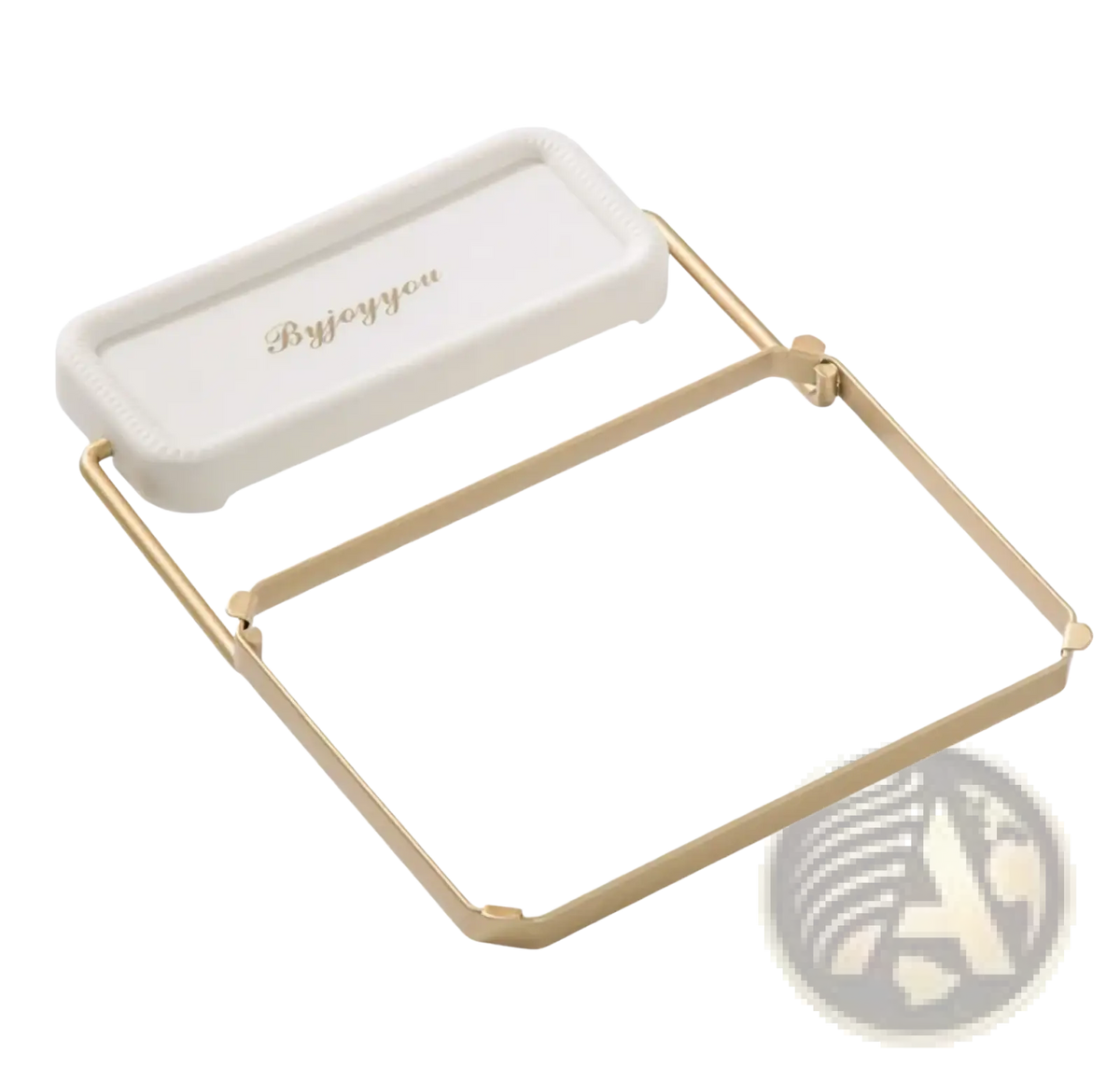 Gold-colored metal frame mesh sink strainer bag with white plastic top panel engraved by joy you for kitchen waste catcher