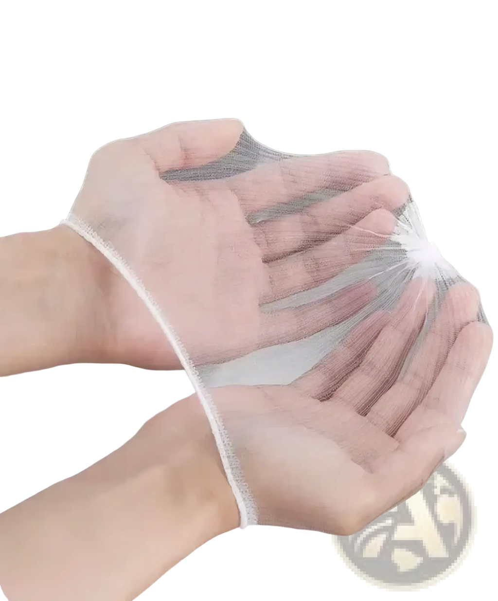A translucent white mesh kitchen glove with snug fit and reinforced edges for durable mesh sink strainer bag use