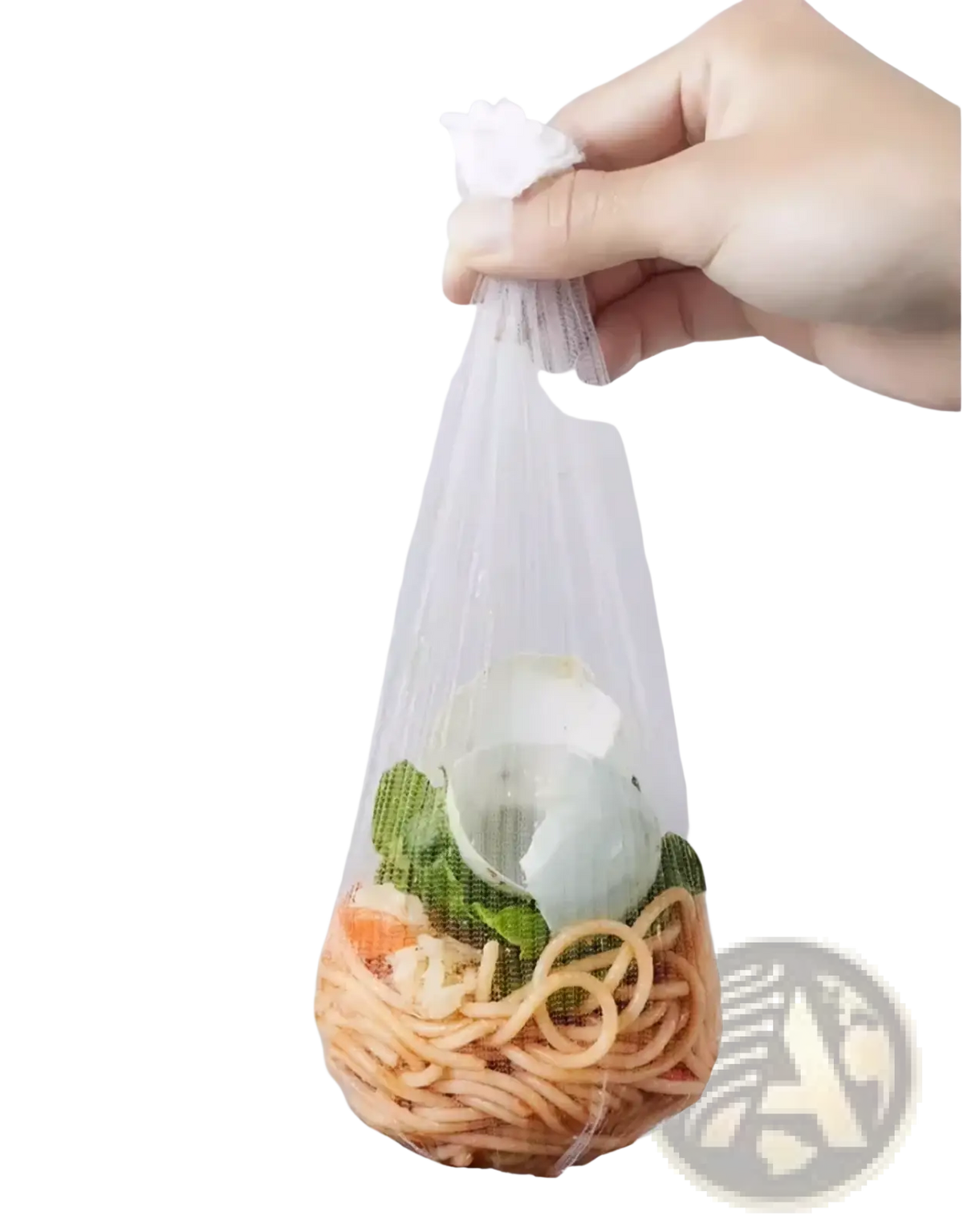 Transparent mesh plastic mesh sink strainer bag holding cooked pasta and vegetables for kitchen waste catching