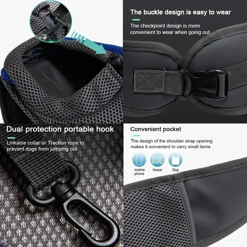 Black mesh dog harness with durable buckle and pocket for carrying small pets in mesh travel carrier backpack